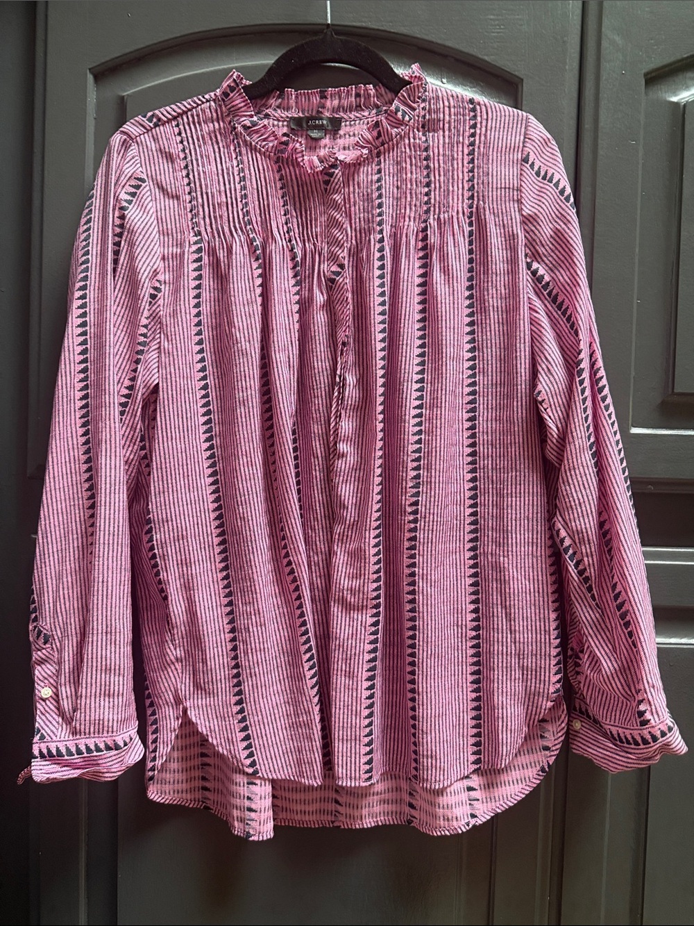 J.Crew Pink & Navy Printed Ruffle-Neck Blouse – Size Medium EXCELLENT
